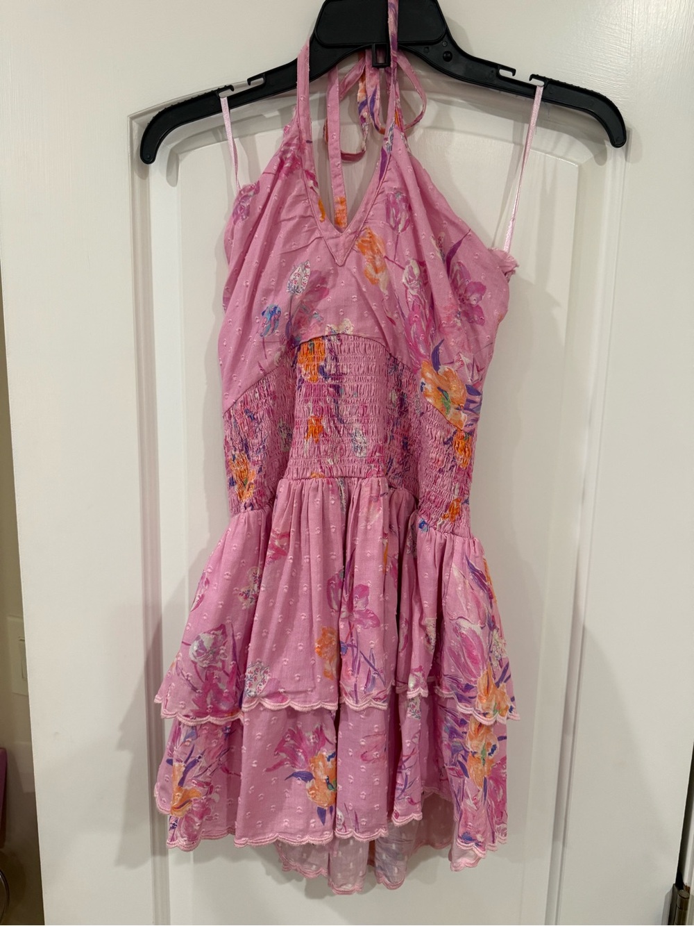 LoveShackFancy Pink Floral Tiered Mini Dress